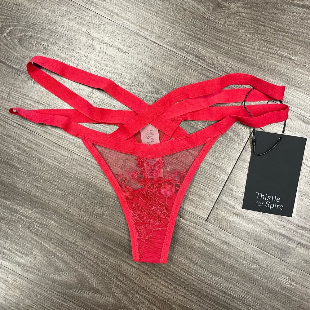 NWT Thistle and Spire Red Lace Thong Women's XS Strappy Crimson Lingerie Panties - Picture 4 of 8